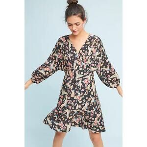 Anthropologie Farm Rio Avia V Neck Dress Floral Birds Flowy Puff Sleeve Medium